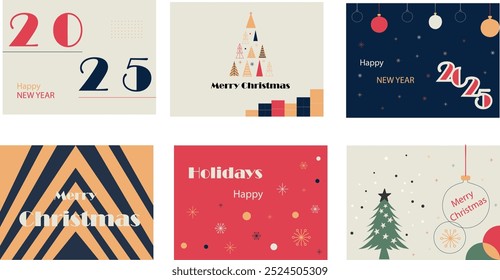 Merry Christmas and Happy New Year greeting card Set. Merry christmas invitation cards with xmas tree, ball and glittering ornaments in red, blue, yellow and light grey template. Vector illustration