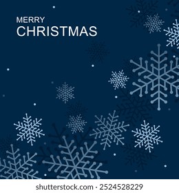 Merry Christmas and Happy New Year greeting card, poster, holiday cover. Christmas sale, social media post with snowflakes in blue color. Winter illustration for ads, print, season banner 