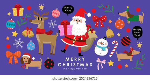 Merry Christmas and happy new year with Santa Claus, snowman deer, ornament, bell, ball and dog. Holiday cartoon character in winter season. -Vector
