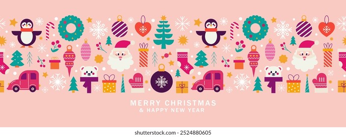 Merry Christmas and Happy New Year seamless banner with festive elements and holidays symbols. Trendy Xmas border design. Vector flat illustration