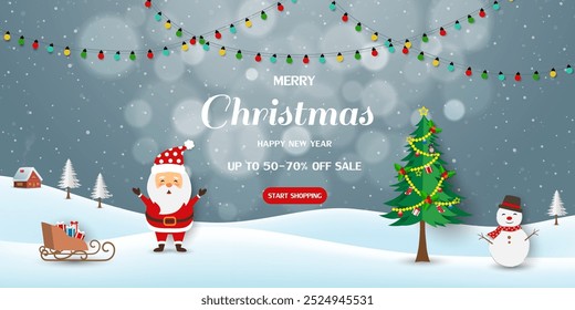 Merry Christmas and Happy new year sale horizontal background with Santa Claus on winter night,vector illustration