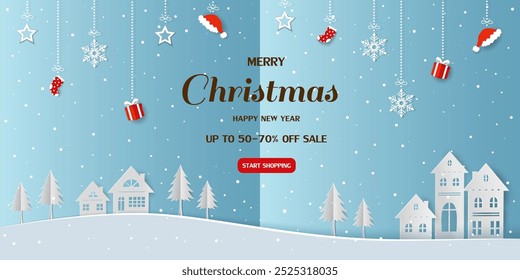 Merry Christmas and Happy new year sale horizontal background on paper art style,vector illustration
