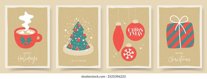 Merry Christmas and Happy New Year greeting posters. Trendy vector illustration with Christmas decoration and typography design. Minimalist New Year flyers for card, poster, cover, social media.