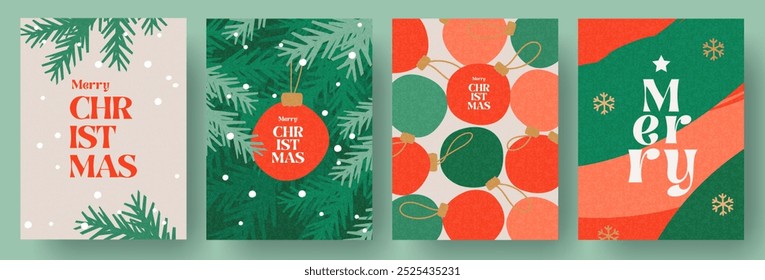 Fröhliche Weihnachten und Frohes neues Jahr Grußkartenset. Modernes schönes Weihnachtsdesign mit Typografie, Zweigen, Kugeln, Schneeflocken-Muster. Minimal Art Banner, Poster, Cover Templates