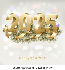 Merry Christmas and Happy New Year 2025. Golden 3D numbers with gold ribbon and branch of christmas tree. Vector