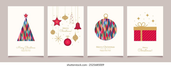 Merry Christmas and Happy New Year Set of greeting cards, posters, holiday backgrounds.
Trendy collection of Christmas minimalist geometric elements. Christmas decorations in flat design. 
