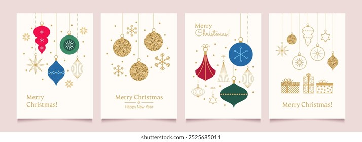 Merry Christmas and Happy New Year Set of greeting cards, posters, holiday backgrounds.
Collection of Christmas minimalist geometric elements. Vector illustration