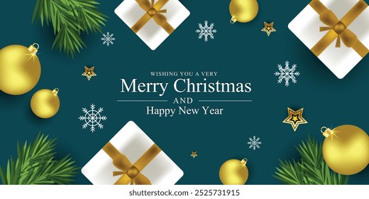 Merry Christmas and Happy New Year banner with gift box, Christmas balls, stars, snowflakes, pine branches decoration