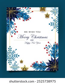 Merry Christmas and happy new year greeting card with beautiful star, snowflakes and pine branches