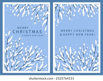 Merry Christmas and Happy New Year greeting card set. Beautiful posters templates for winter holidays with trees in the snow. Vector illustration for season banner, cover, advertising, sales.

