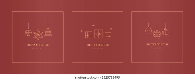 Merry Christmas, Happy New Year abstract greeting card, poster templates. Simple golden linear vector bauble, bell, toy, glass ball.