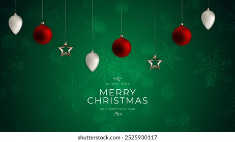 Merry Christmas, Happy New Year with christmas tree and balls. Realistic 3d elegant style. Winter Christmas background. Vector illustration
