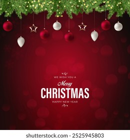 Merry Christmas, Happy New Year with christmas tree and balls. Realistic 3d elegant style. Winter Christmas background. Vector illustration
