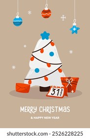 Merry Christmas and Happy New Year greeting card. Vector illustration.