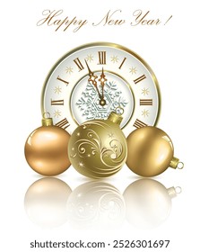 Merry Christmas and Happy New Year 2025. Festive white background with clock and Christmas tree balls for winter holidays decoration. Vector illustration