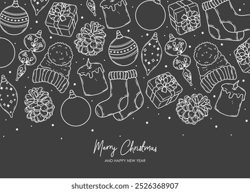 Merry Christmas and Happy New year retro banner template. Vector background with christmas decorations. Ball, pine tree, icicle, pine cone, present box, warm hat, socks
