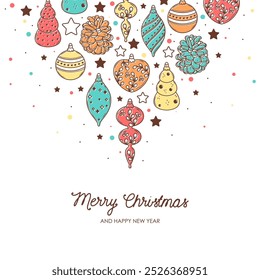 Merry Christmas and Happy New year retro banner template. Vector background with christmas decorations. Ball, pine tree, icicle, pine cone, present