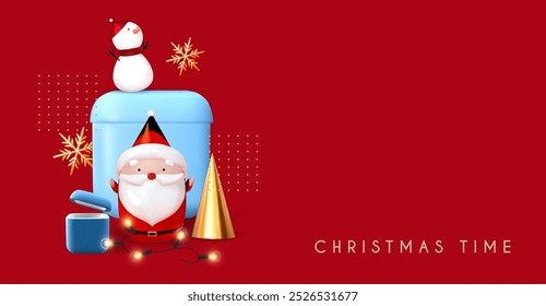 Merry Christmas and Happy New Year soft blue 3D design with cute Santa, snowman, gift boxes, light garland, minimal fir tree and snowflakes