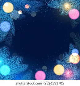 Merry Christmas and Happy New Year! Season holiday background with soft light effect, fir tree branches and bokeh
