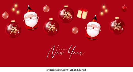 Merry Christmas and Happy New Year celebration with 3D Santa Claus character, red gift box and glossy glass balls with snowflakes.