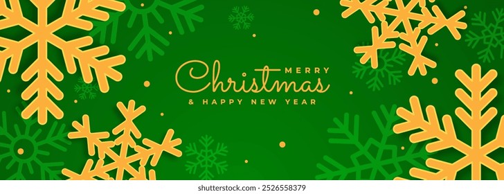 Merry Christmas and Happy New Year Green Banner with Gold Snowflake Ornaments