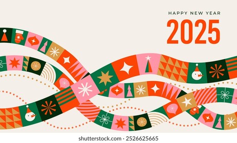 Merry Christmas and Happy New Year modern abstract minimalist geometric style. Christmas colorful illustration in flat cartoon style. Xmas backgrounds with vector patterns