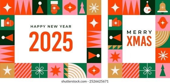 Merry Christmas and Happy New Year modern abstract minimalist geometric style. Christmas colorful illustration in flat cartoon style. Xmas backgrounds with vector patterns