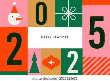 Merry Christmas and Happy New Year modern abstract minimalist geometric style. Christmas colorful illustration in flat cartoon style. Xmas backgrounds with vector patterns