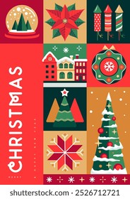 Merry Christmas and Happy New Year greeting card, cover or poster with holiday attributes. Christmas background. Flat design. Vector illustration