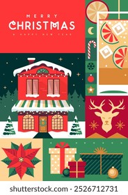 Merry Christmas and Happy New Year greeting card, cover or poster with holiday attributes. Christmas background. Flat design. Vector illustration