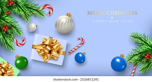 merry christmas and happy new year celebration background, greeting card and invitation background top view. vector illustration christmas symbols decorative abstract modern backdrop and poster.