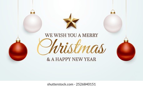 Merry Christmas and a Happy New Year greeting card background banner. Hanging ornaments and gold star. Elegant holiday vector design in festive red, white, and gold colors.