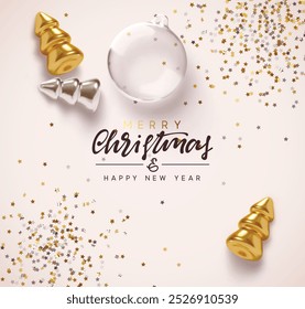 Merry Christmas and Happy New Year background. Realistic 3d gold silver Christmas tree, glass ornament with star confetti. Greeting card, Xmas brochure, cover for invitation flyer. Vector illustration