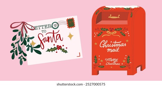 Afiche de Feliz Navidad y Feliz Año Nuevo. Vector de correo de carta plana para Santa. Sobre de Navidades con sellos, sellos e inscripciones a Santa Claus. Entrega especial. Correo festivo de Navidad