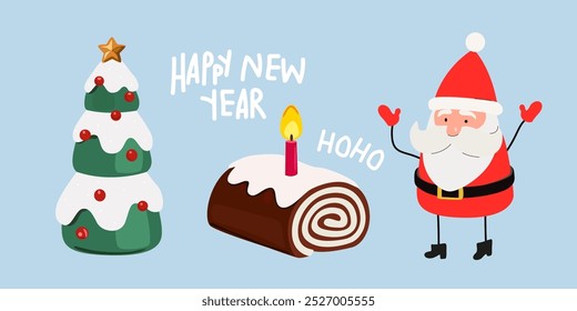 Merry Christmas and Happy New Year vector flat elements in cartoon style. Winter holiday. Christmas tree, sweet roll, Santa Claus. Attributes of the New Year holiday