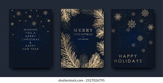 Merry Christmas and Happy New Year greeting card. Golden luxury background with snowflakes on blue background. Vector illustration