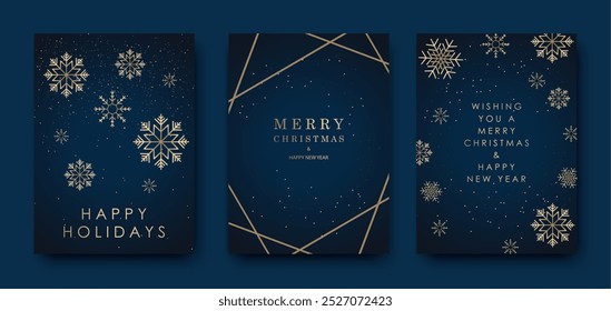 Merry Christmas and Happy New Year greeting card with golden snowflakes on dark blue background, vector illustration.