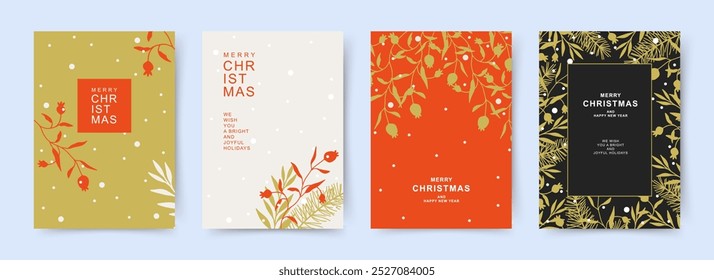 Merry Christmas and Happy New Year greeting card Set. Xmas backgrounds with beautiful winter floral pattern. Holiday vector templates for banner, invitation, poster, advertising, social media