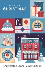 Merry Christmas and Happy New Year greeting card, cover or poster with holiday attributes. Christmas background. Flat design. Vector illustration