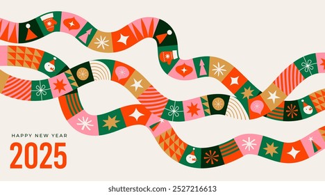 Feliz Navidades y Feliz Año Nuevo estilo geométrico minimalista abstracto moderno. Navidades ilustración colorida en estilo plano de dibujos animados. Fondos de Navidad con patrones de Vector