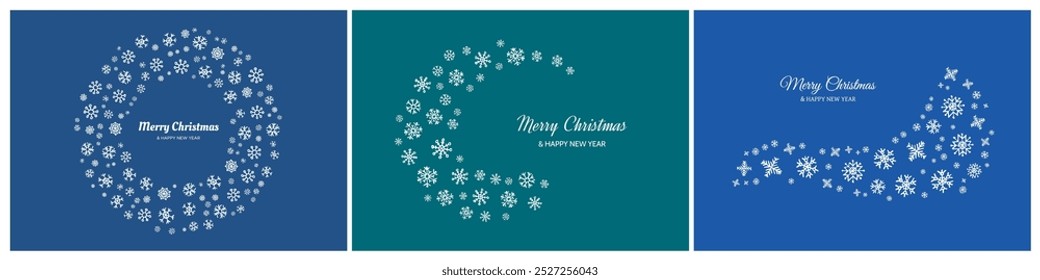 Merry Christmas and Happy New Year backdrop with white snowflakes. Set of three Holidays backgrounds for Christmas greeting cards on blue background. Vector illustration