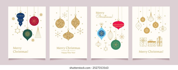 Merry Christmas and Happy New Year Set of greeting cards, posters, holiday backgrounds.
Collection of Christmas minimalist geometric elements. Vector illustration
