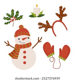 Merry christmas and happy new year concept background vector. A snowman, gloves, a candle, a sprig with berries.