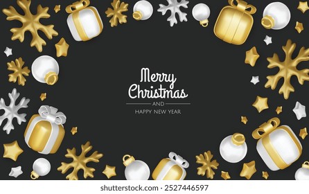 Merry Christmas and happy new year background. Christmas tree, Gift boxes, Christmas balls. Christmas element for web, banners, greeting card, template design.