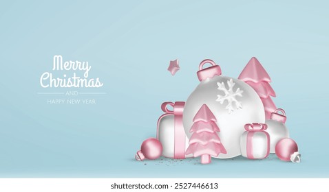 Merry Christmas and happy new year background. Christmas tree, Gift boxes, Christmas balls. Christmas element for web, banners, greeting card, template design.