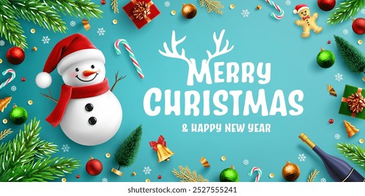 Merry Christmas and Happy New Year Poster or banner template with snowman wearing Santa Hat.Christmas holiday background with snowman,Christmas ornaments,pine branches and festive decorations