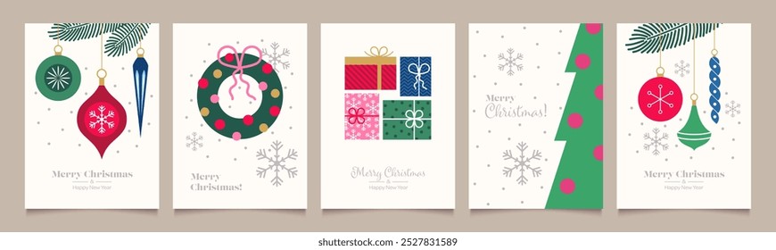 Merry Christmas and Happy New Year Set of greeting cards, posters, holiday backgrounds.
Modern collection of Christmas minimalist geometric elements. Christmas  decorations  in flat design.
