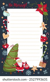 Merry Christmas and happy New Year Wish list decorated templates.  Hand drawn doodles notebook decorated holidays elements. Holidays to do, check list for gifts, wish, shopping