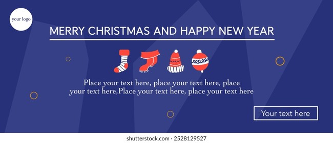 Merry christmas and happy new year mininalist greeting with sock, shawl, hat, and ball element on blue abstract background good for sale, advertisement promotion, card, gift, poster, flyer and banner.
