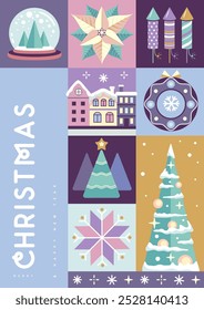 Merry Christmas and Happy New Year greeting card, cover or poster with holiday attributes. Christmas background. Flat design. Vector illustration